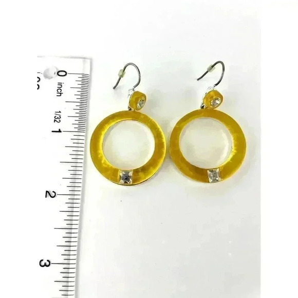VTG Retro Yellow Frosty Resin Earrings Rhinestones Round Dangle Silver Tone - Picture 5 of 8